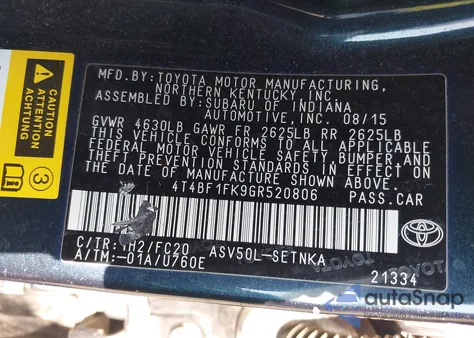 2016 Toyota Camry Le z USA, uszkodzony, nr VIN 4T4BF1FK9GR520806